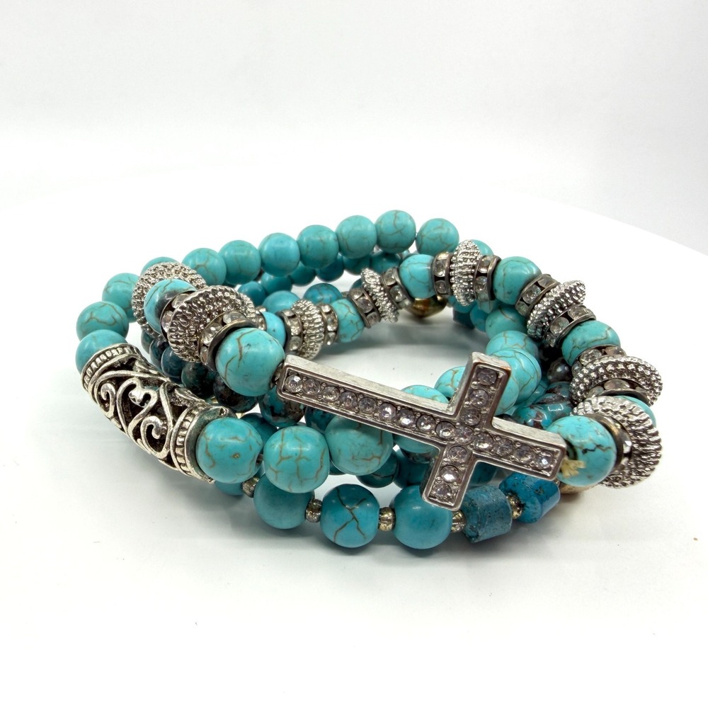 Turquoise Beaded Bracelet Set with Rhinestone Cross Charm - 5 Pieces